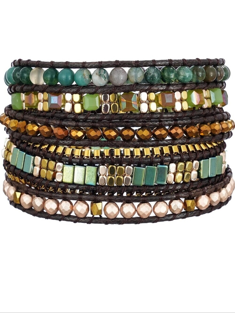 Multi-Row Green and Gold Beaded Women’s Wrap Bracelet